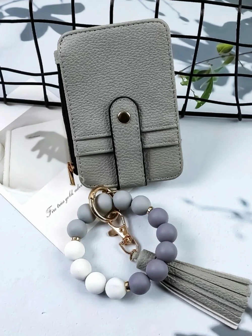 Grey Beaded Wristlet Keychain with Tassel